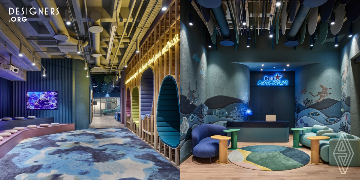 Denizbank Aquarium is a new generation working environment. Providing a comfortable and unconventional atmosphere to the user in order to increase creativity and productivity in working environments is at the core of the design approach. Inspired by the relaxing effect of the water element and the colorful, surprising world of the sea; aimed to create a space that makes users feel comfortable and keeps their motivation high. From the moment people enter the aquarium, can feel the ocean feeling on all surfaces thanks to the acoustic panels depicting the sea and water movement.