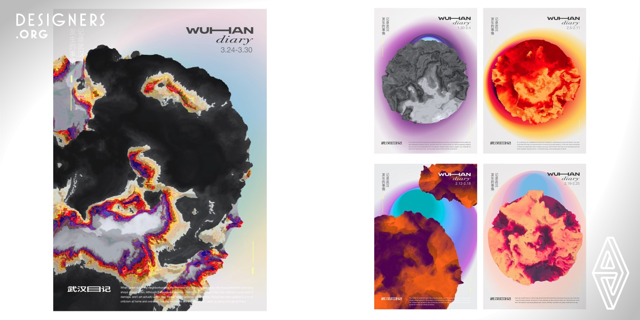 The Chinese people's concept of nature and world outlook are all firmly based on our land. The designer used programming to present a series of case studies on terrain-based visual languages and collected public opinions during the pandemic period. He used the color and density of rolling mountains to present the social environment and my emotions while under the pandemic situation, which creates a visual diary.