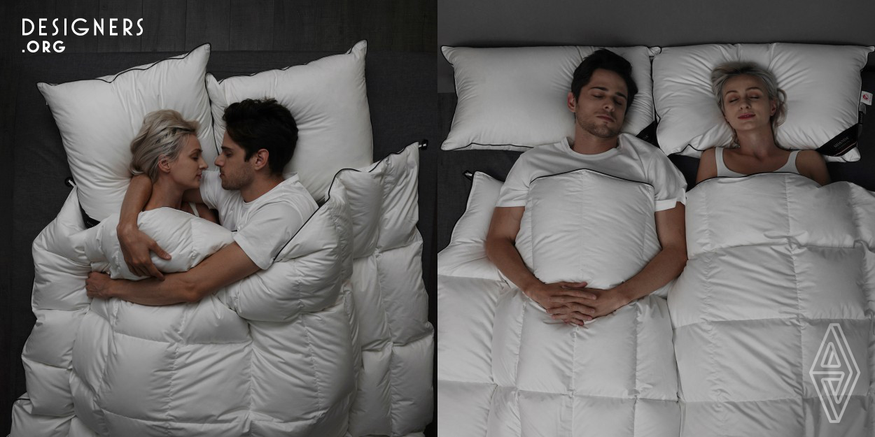 This quilt achieves dual-zone temperature control with two different temperatures in one quit. The part for men is light and warm without being too hot, while the part for women fits the physiological curve more closely and has wrapped warmth. Couples can also have relatively independent space when sleeping under the same quilt, and it is not easy to leak air when turning over to avoid disturbing their sleep when they turn over.