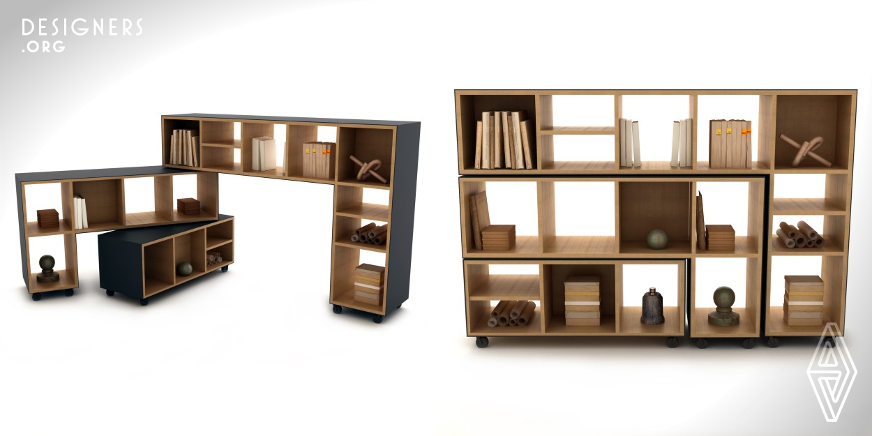 Fit In is a movable partition and shelving system that is designed to define and add functions to office environments. The three main modules of the product can rotate 360 degree separately, moving from a single point. This movement is provided by the ball bearing system that is used between modules. While Fit In could be used more compactly in traditional office spaces, its flexible nature and multiple variations enable more dynamic and collaborative open office environments. Material, texture, and colors could vary according to the user needs and its usage area.