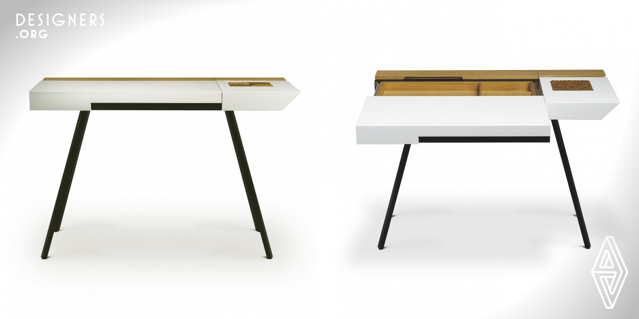 The name of the desk Online represents not only the ever present internet and social media, but also an ability to connect to your dreams, goals and imagination.The design of the writing desk was inspired by graphic ornaments and geometric shapes. A black line divides the table top into two parts from different materials. At the back there is a flap from natural wood. The white section on left side can slide forwards as an inverted drawer and reveal a storage compartment. On the right, ones eye catches a wooden decoration, which hides a small box for desk essentials or a candy or two.