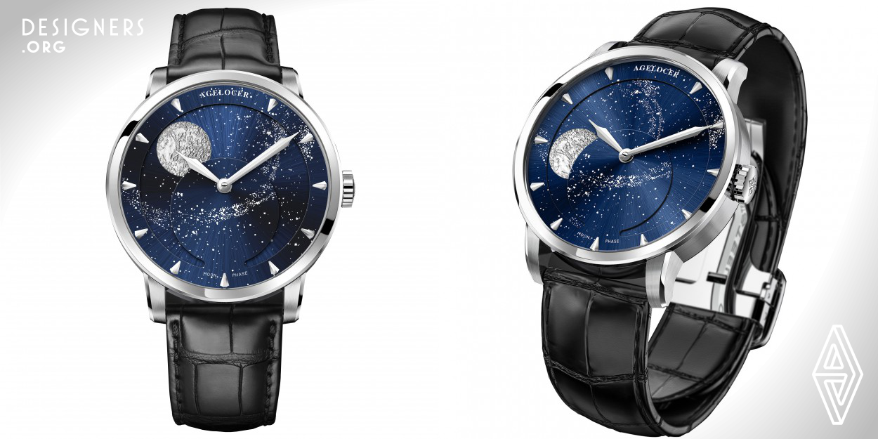 The watch from Agelocer has a panoramic effect featuring the phases of the moon, which enlarges the view of the moon's phases to the entire dial plate. It allows users to intuitively feel the changes of moon phases, bringing them a unique aesthetic experience. The infinitely adjustable strap doesn’t need to produce long straps to match short straps and doesn’t need to punch holes in the strap, greatly simplifying manufacturing processes and saving energy and materials.