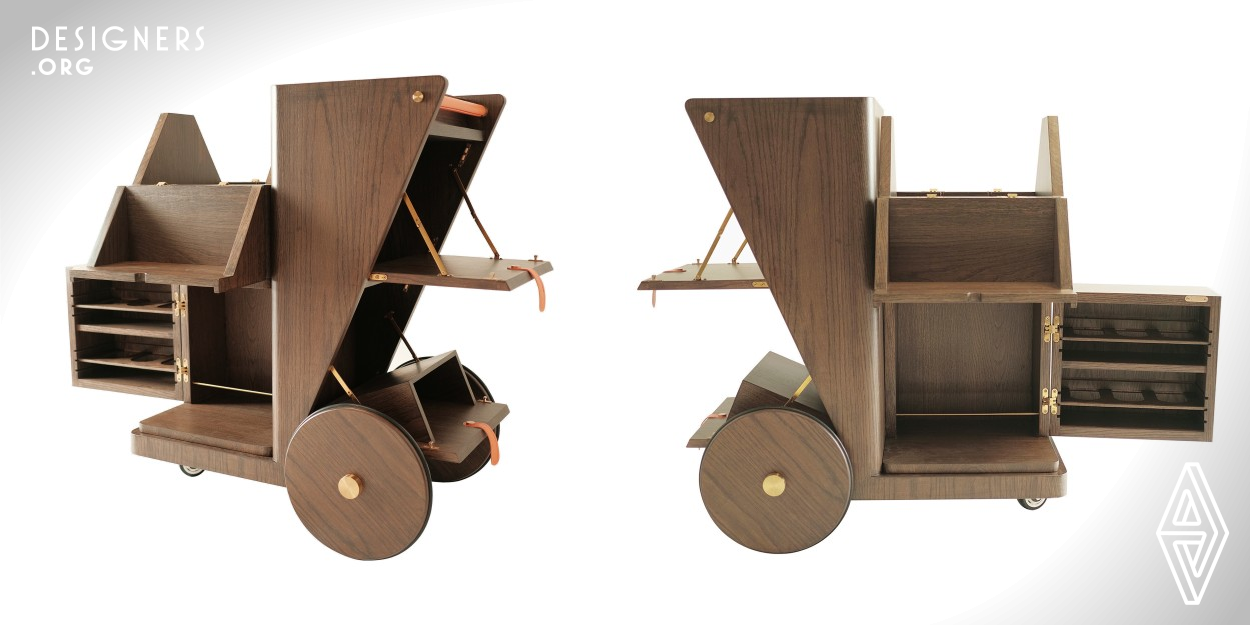 The idea of mobility beverage bar unit for every drinking lovers as named Moba. The design is characterized by a smooth and neat profile, enhancing the shapes of the object without exasperating them and using a simple aesthetic language. Furthermore, It is a trolley that served as a multifunctional station for bar serving and liquor storage. In fact, it can turn into a casual seating for tasting and storage. Design details of this particular trolley, round edges, interior compartment, wheels, leather handle is a result of a skillful craftsmanship and has been designed to make it recognizable.