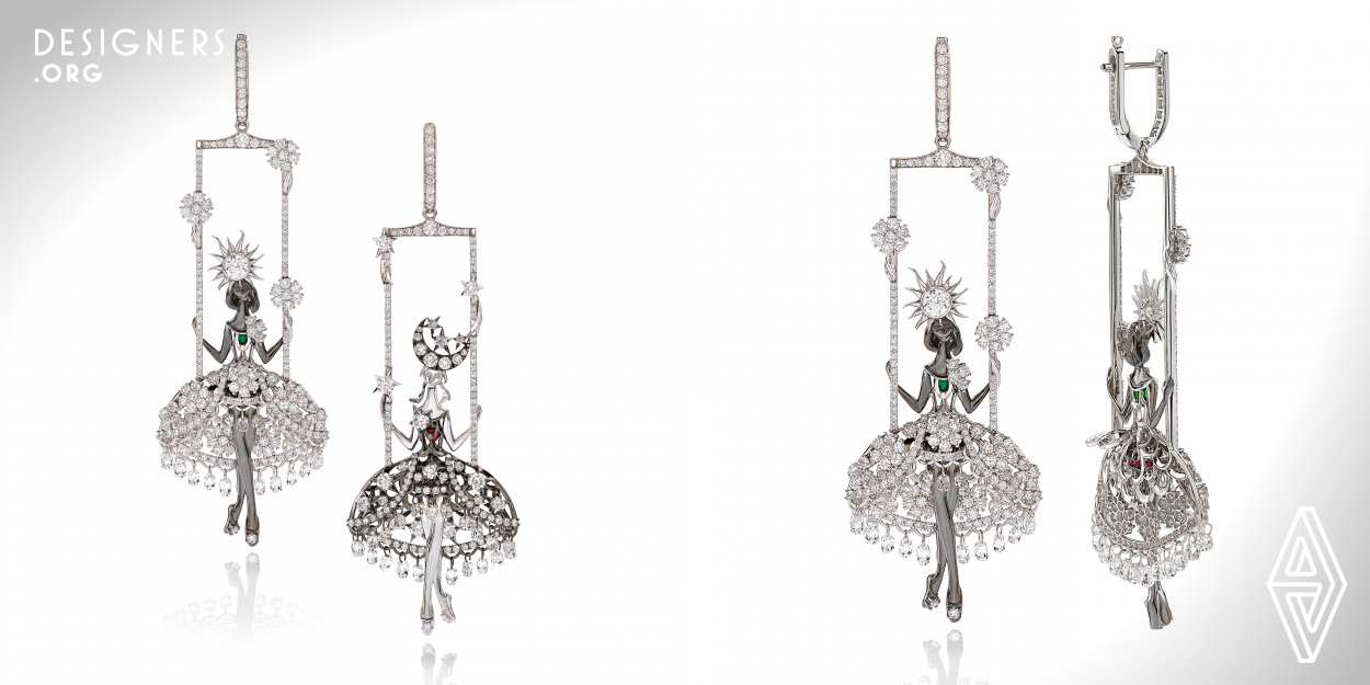 These earrings are asymmetric, which was inspired by the duality of Day and Night. One earring is depicted in white gold as Fairy of the Day, with diamond flowers and an emerald heart. The other earring, Fairy of the Night, is depicted in black gold, with a ruby heart and diamond stars. The design of the piece was combined with its technical side while maintaining it lightweight. First, a 3D model was created and grown by prototyping on a 3D printer. The cast was made in gold and polished. Then, 403 precious stones were fixed into the base product and the parts were connected.