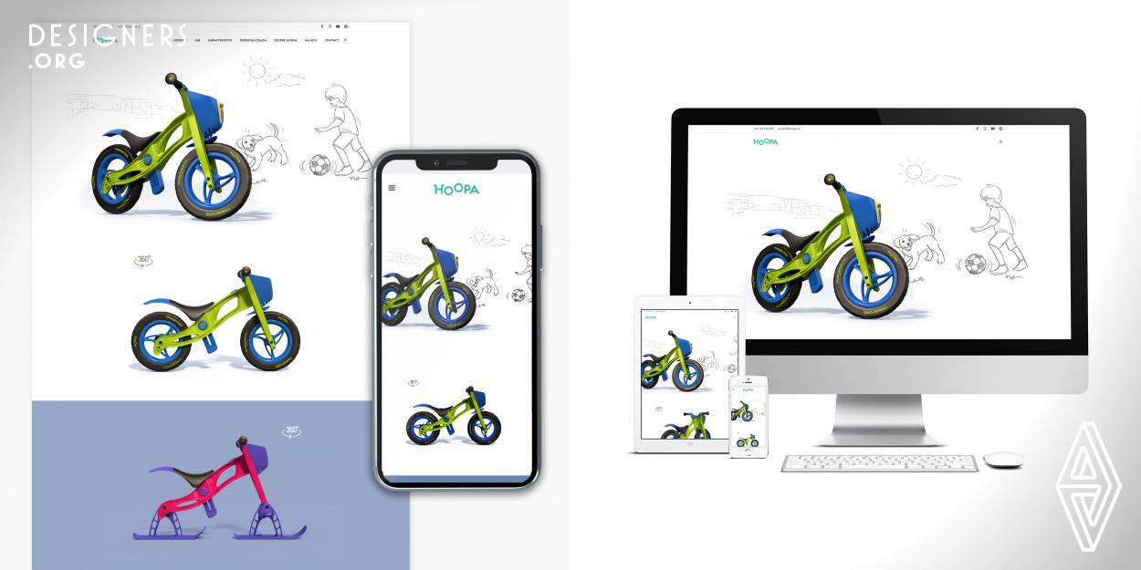 The website tells the story of the product, from the concept to the final product. It has technologies that showcase the most relevant features of the product, such as animations to show that the product has adjustable height and that the summer bike that transforms into a snow bike in winter and renders for the rest of the features. There is a custom module built to show how the bike can be customized with color combinations and accessories or browse through the custom color schemes created for the product. The website has, also, 360° views for both variants of the product.