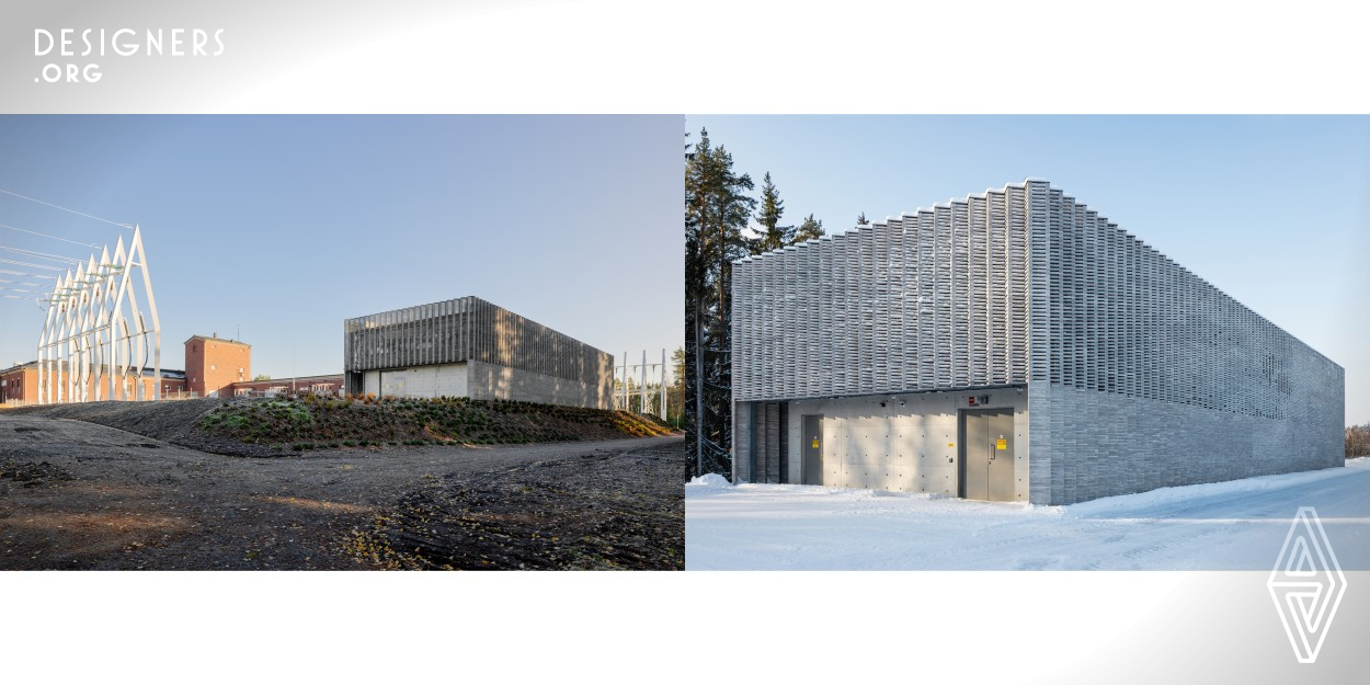 The project is composed of an electricity substation building and five designer powerline structures, set in the national landscape of Imatrankoski rapids in Eastern Finland. Balance with the surrounding landscape has been the foremost goal of the design. The substation is a plain concrete structure clad over with a double-skin of hand-made long bricks laid in a zig-zag profile. The triangular motif of the brick cladding is repeated in the steel profiles of the new powerline structures. The design breaks apart aspects of the built context and reassembles them in a new abstracted form.