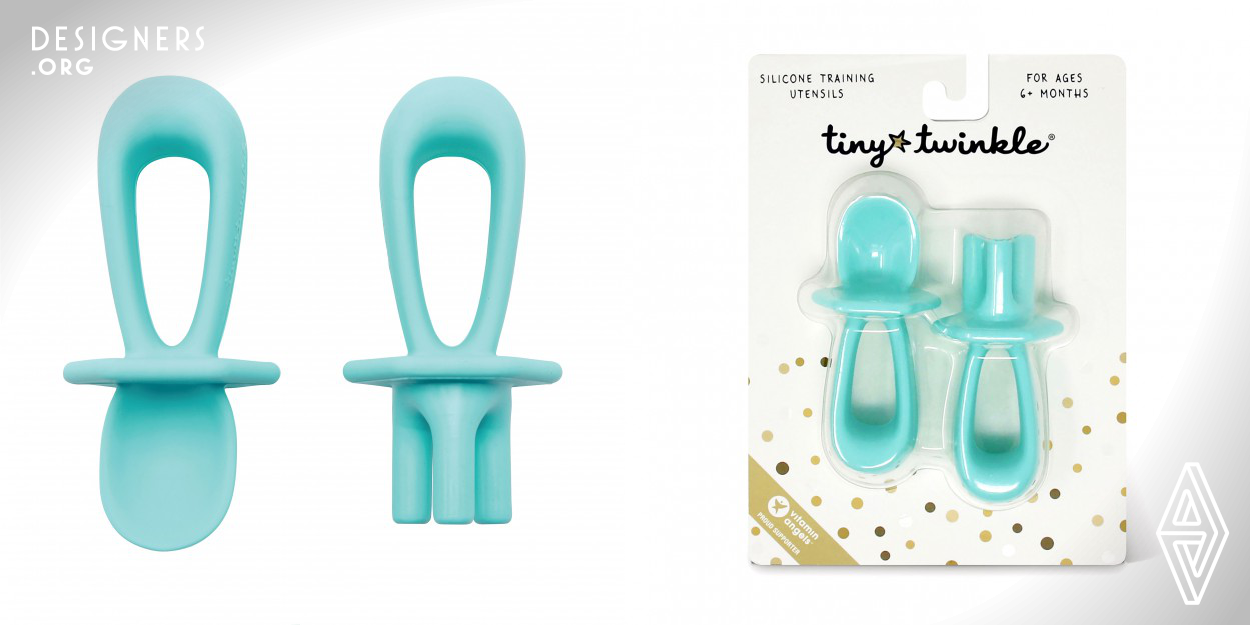 Designed to be visually appealing and highly functional, these Silicone Training Utensils were created as a solution for infants beginning to self feed. Specifically designed with tiny hands in mind, the shape allows for multiple grasping options which encourages use. An integrated choke guard adds additional safety to the design and the silicone material is hypoallergenic and highly durable. The silicone also provides flexibility and resilience, providing a soft, rubber-like texture that is pleasant to touch and gentle on gums. The design is safety tested as it is intended for use by infants.