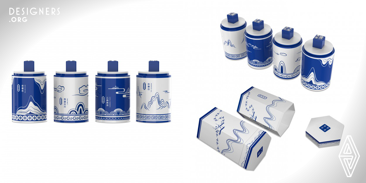 This project is a series of Blue-and-white tin cans for tea packaging. The main decorations on the sides are mountain and cloud figures resembling the style of Chinese ink wash landscape paintings. By combining traditional patterns with modern graphic elements, abstract lines and geometric shapes are blended into traditional art styles, providing refreshing features for the cans. The tea names in traditional Chinese Xiaozhuan calligraphy are made into embossed seals on top of the lid handles. They are the highlights which make the cans more like real artworks in some way.