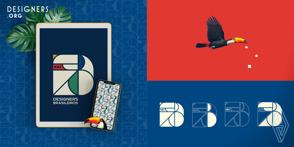 The brand of the website Designers Brasileiros consists of a panel in the shape of the letter D composed by geometric pieces that fit together and represent the design specialties. These pieces are shapes extracted from the Brazilian flag and also form the letter B and a toucan. The toucan was defined by the fact that it is one of the largest seed dispersers of Brazilian fauna and one of those responsible for the formation of tropical forests. Thus, for the brand, the dispersion of seeds by the toucan conceptually symbolizes the dissemination of knowledge that is the purpose of the website. 