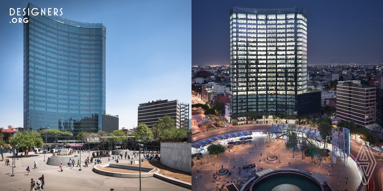 The Glorieta Insurgentes Tower was designed as one of Mexico's most sustainable and energy efficient High Rise's with an elegant and timeless design, which articulates two Avenues with the Insurgentes Roundabout taking its semicircular shape in an office building of 26 levels above ground with a 120 meters height. The tower has amenities for further comfort, an 800 people double height multi purpose hall with retractile bleachers in the 8th floor as well as vegetated roof gardens representing 20% of the plot area on top of the parking structure.