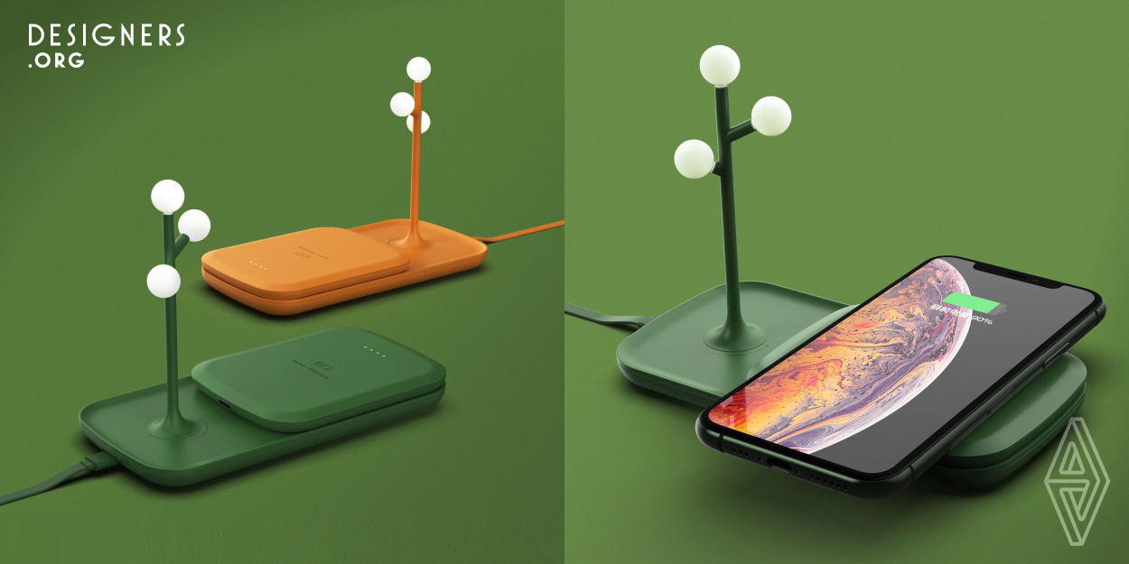 Poetry-Electricity combines wireless charger with tabletop atmosphere lamp. In order to relieve people's working pressure, the desktop charger is designed with a sense of context, which not only meets the basic functional needs, but also can be used as an ornament to create a relaxed working atmosphere. When working overtime at night, tree-shaped spherical atmosphere lights adorn the office environment, which break the indoor depression, cold and create a warm and relaxed office environment.