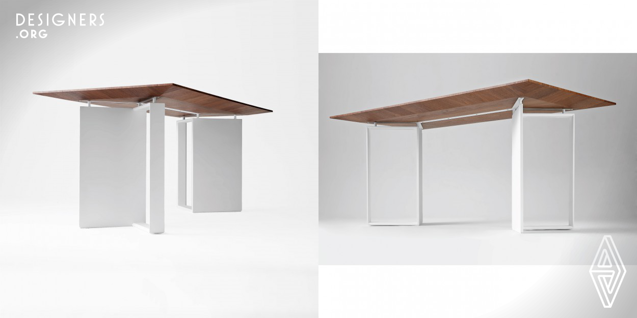 The table Diagonal is a piece of furniture embodied with diversify possibility in its sleek form. The clean inter-cross stand structure is positioned in diagonal guideline. With the intended twisted angle, the Void/Solid dialogue would be initiated when people move around the table. The Diagonal tension could also be seen from above with tabletop veneer pattern, which also follow table’s invisible diagonal guideline beneath.