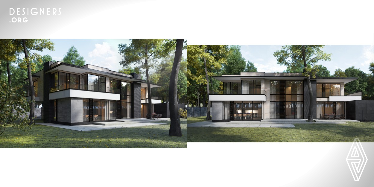 Since the house is located in a unique place, it is a mixed forest located within the city, the priority in the design and construction was respect for the place and the preservation of existing green spaces. X-House interacts with the environment through a large area of panoramic glazing. The exterior of the house is made of natural materials - porcelain stoneware, metal, wooden elements, fiber-cement panels - which support the general idea dialogue with the place.