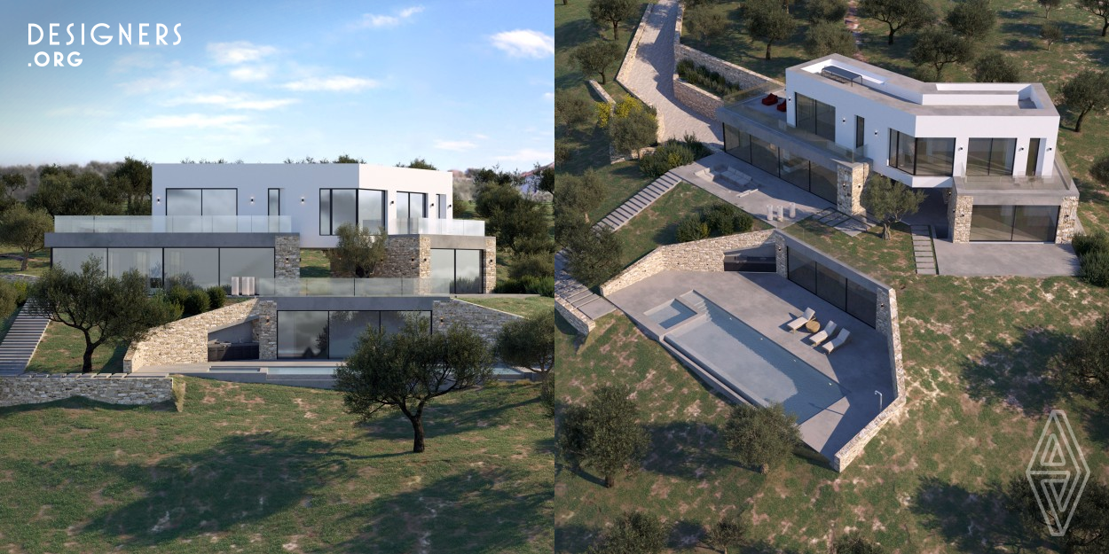 The project deals with the design of a summer house in an olive groove. Main concern was to recycle the obtained ground materials and respect the trees, in order to have the less impact to the nature, while focusing totally to the view of the Methoni castle. The main concept of the design was the evolution of the dwelling of the human beings and so, the ground gets shape into a basement, the stone gives form to the ground floor and the plaster stands delicately above them, shaping the second level. 