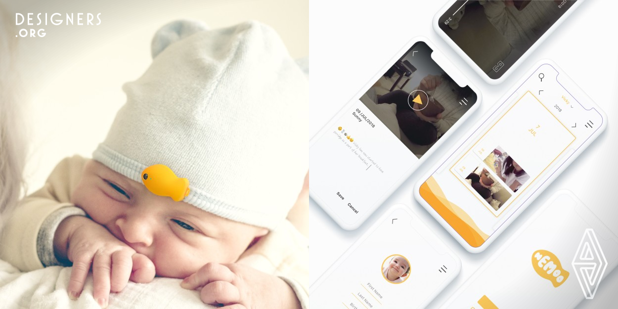 Nemoo is a physical memory capture system designed for fighting against infantile amnesia. It assists with tracking a baby's memory from its perspective for the first three years of its life. It also allows retrieving the important moments in the baby’s growth by playback with virtual reality glasses. The system consists of a baby wearable device, app, and virtual reality glasses. Nemoo wants to build a connection between childhood memory and future self, to help users know themselves better and retrieve the lost childhood.