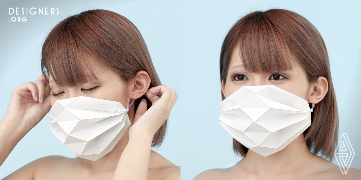 This project was inspired by the traditional origami technique of folding a single sheet of paper and the functionality of washi paper, with its texture and breathability, a technique and material born in Japan. This origami mask is a project that combines two traditional elements that are familiar to Japanese people: washi and origami.