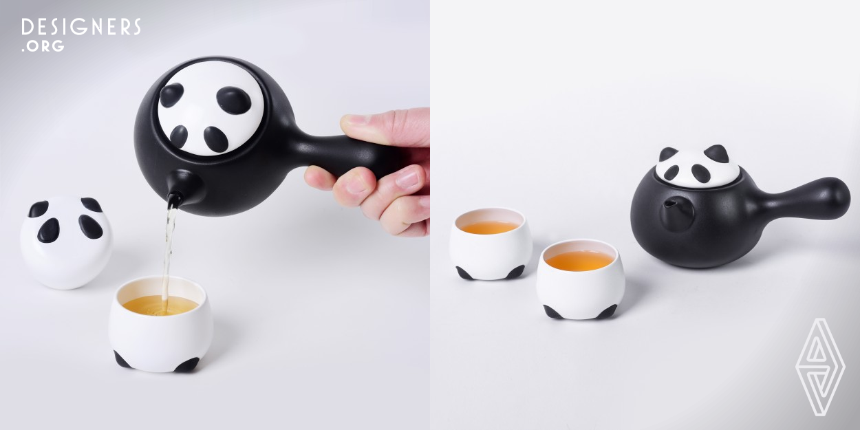 This panda-themed tea set brings joy and harmony into tea time for tea lovers. The designer extracted the essence of pandas and simplified design elements to combine with the practical structure of the tea pot and cups. Through user trials and habit analysis that make the final product exquisite in appearance, intuitive to use and durable. The tea set combines glossy white and matt black surfaces in order to create a pleasant handling experience. Overall, the tea set adds joy and relaxation for tea lovers both at home and during travel. Further, it can be placed as decoration on tables. 