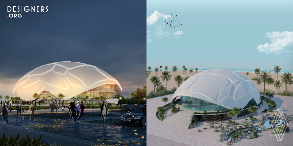 in consider of turtles which are the special species in Kish island. Sepanta is going to attract people's attention firstly and mostly to the importance of turtles and secondly to the multifunctional hall, designed for music, theater and opera which is ley down under smooth wavy surface that is completely associate with ocean wave, The capacity of almost 1350 person and the survey is nearly 6000 square meters. In addition, there is a restaurant and food court in lower floor which is covered by triple glazed curtain wall that gave costumers the view of the Persian gulf.