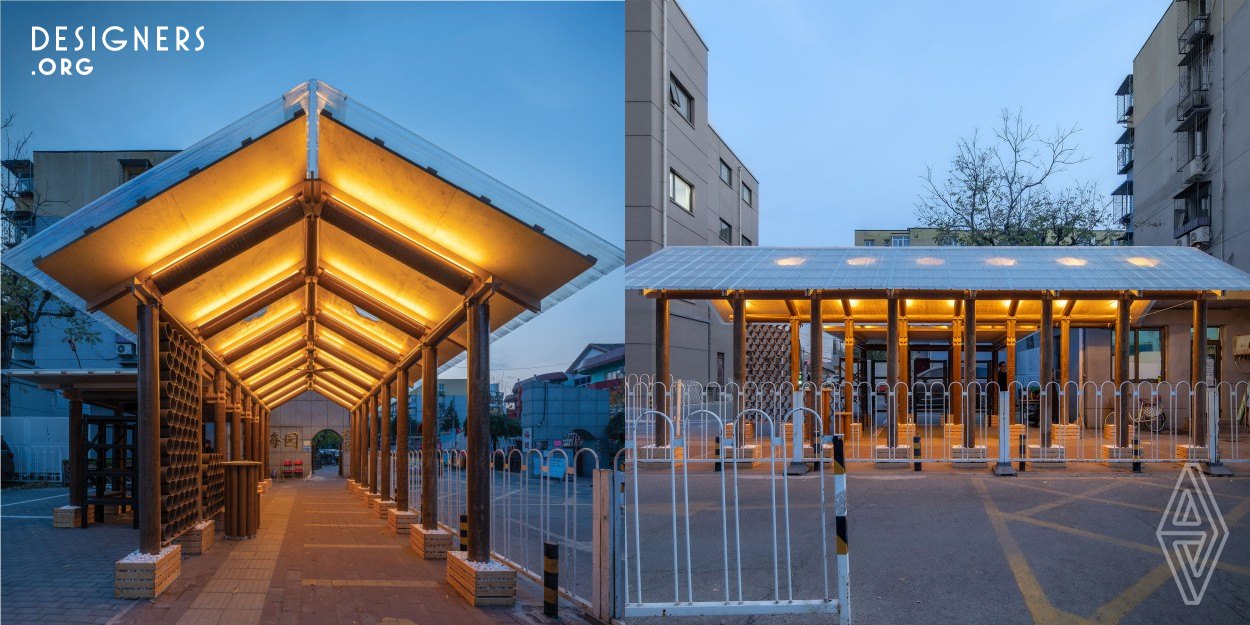 Meiyuan pavilion is expeditiously put together for checkpoint of Meiyuan community during the coronavirus pandemic. It attempts to apply new materials and digital fabrication to improve the congested circulation and provide a social interaction space for residents of old communities. Moreover, it promotes not only a warm-welcoming gesture, but also a sense of community belonging.