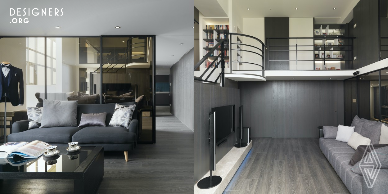 A residential house is designed for fashion designer's home. Loft style is used to combine studio with apartment, using a half-penetrating space design to separate public and private areas. The main space of a hall design, combining the living room and indoor balcony, the natural light is more permeable, also the visual effect of amplifying space. This composite space allows to allocate their living areas according to working hours, and to give life and work with a flexible using. This project performed a fashion space for Smoking Jackets Studio and comfortable space for a family. 