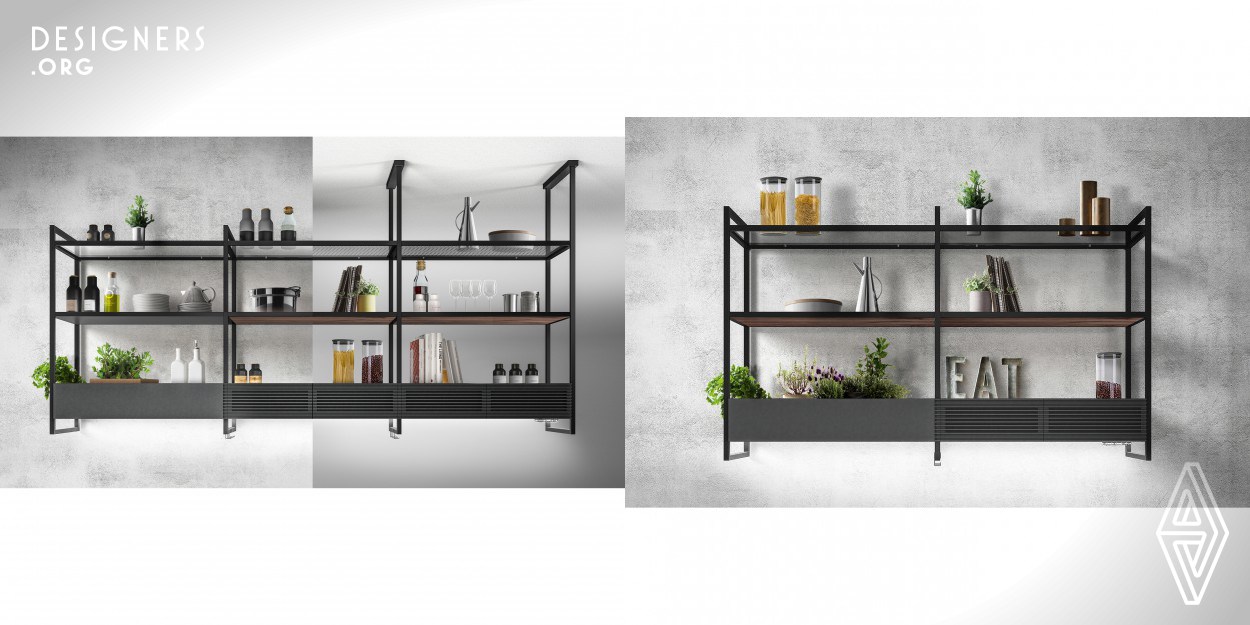 Open Suite is an architectural element for the kitchen, a modular structure that allows you to create a new dimension within the kitchen space, an industrial style which gives character to the environment. Open Suite is not only a hood but but also a lighting element for the kitchen. It has a a wide choice of shelves, that can suit any need. Starting from four basic configurations (80 cm or 160 cm wall and 80 cm or 160 cm island) it is possible to integrate additional accessories and add modules.
