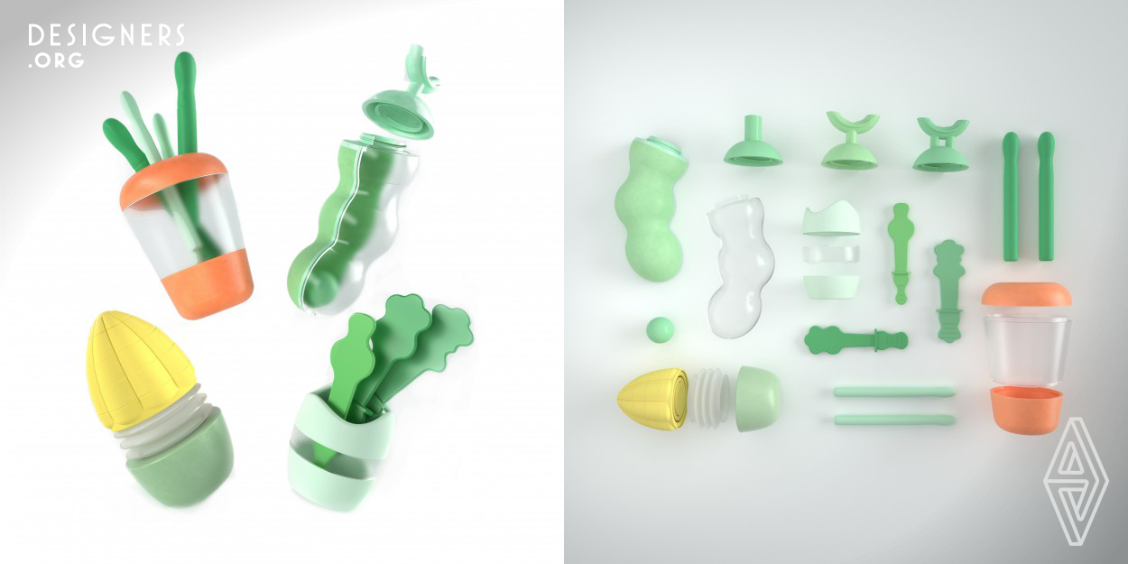 According to research, there is an increasing number of children in Taiwan suffering from Articulation Disorders. Therefore, the team has designed an assistive device that can assist with the training and correction of this phenomenon. Using the shape of fruits and vegetables as the foundation and applying color and material properties to transform the traditional cold feeling of assistive products into a vibrant and interesting image.