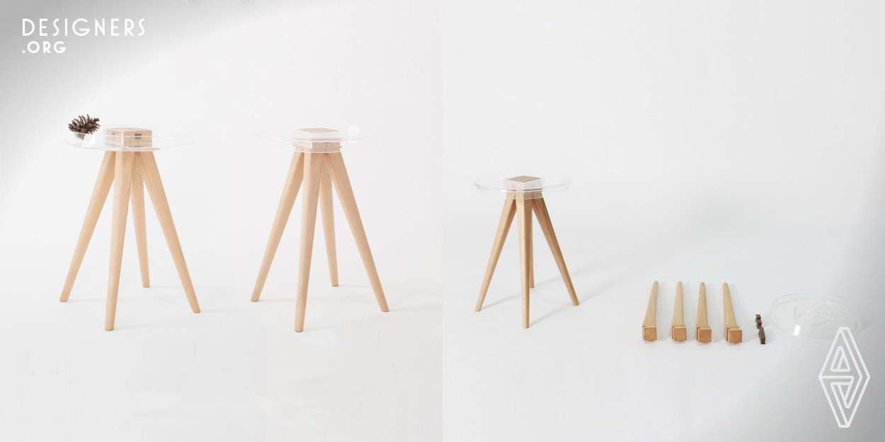 The surface of the stool is made up of transparent acrylic, which can well show the internal structure and bring the new visual experience for people. When you put the stool surface straightly, it will be a very light one; When you put the stool surface upside down, it will be a side table and can put keys or some other small objects that may easy to lost inside. The connected method is using traditional double dovetail key structure, without any “metal connection”. If you get the key point you can dismount it by hand, and you will enjoy by your thinking and doing. 