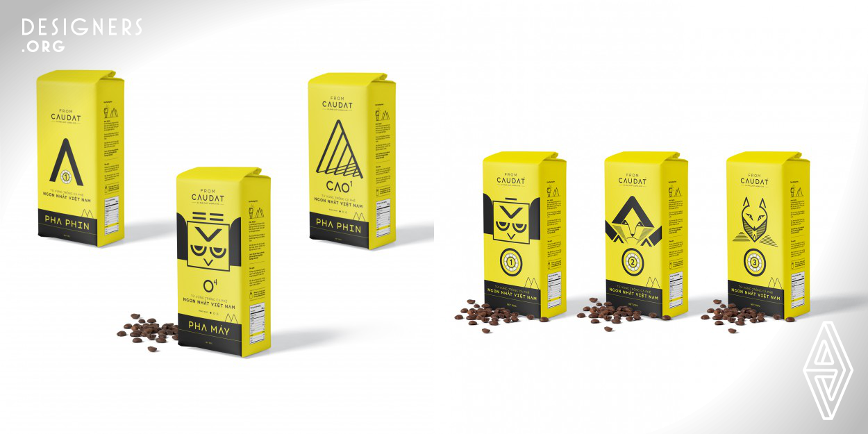 These packaging designs are really impressive. Simple and familiar icons and mascots give another style of packaging design. The out-of-the-box packaging design requires the use of coffee beans, which makes it easy to word-of-mouth and name the package.

Yellow and black are two colors that are difficult to use, it contrasts greatly, using these two colors requires an understanding of how colors are distributed to achieve an impression but not too uncomfortable, the design of the bag. The packaging cleverly uses a lot of space, helping the design to be focused, impressive but still friendly.