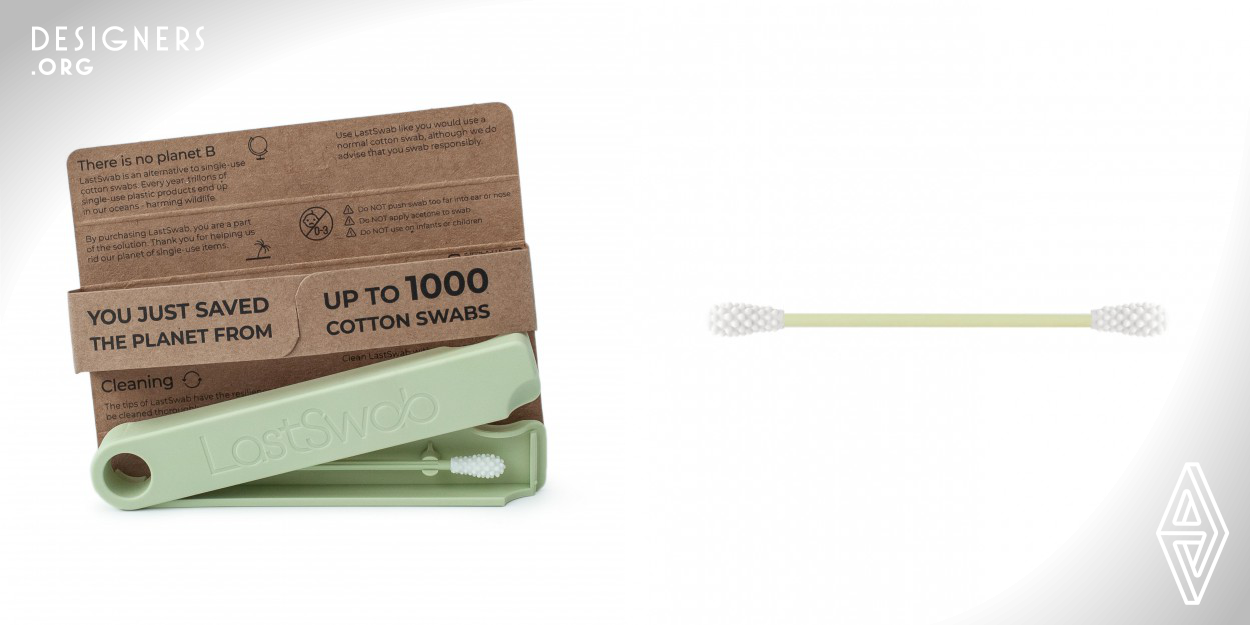 LastSwab is a reusable and sustainable alternative to single-use cotton swabs. LastSwab is designed to be used up to a thousand times and to be easy to use, easy to clean, and most importantly designed to feel like the ones we are used to using. LastSwab is made in two versions, a Basic version to replace the purpose of a cotton swab, and a Beauty version with an angled tip made for correcting make-up. Both come in a carrying case made from recycled ocean-bound plastic, which is also the material used for the rod of the swab.