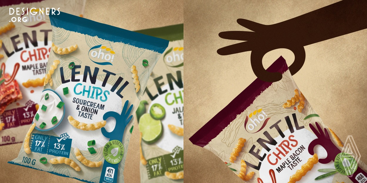 OHO - Lentil chips, it's a symbol of more natural and healthy way of snacking. This is an inspiration of smooth pastel colour packaging with craft paper texture elements. Illustrated graphic elements makes it more life and connection with a customer and in contrast with that flavouring is communicated through high quality photo images. Combination of these three different design elements makes this product distinguishable, attractive to typical customer of such appetisers.