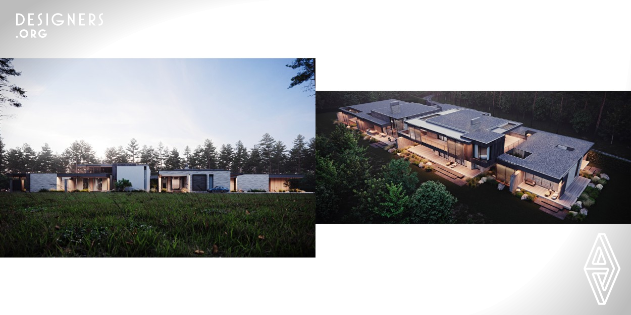 The house with a total area of 1500 sq. m is located in the villa community "Okolitsa", Moscow region. The rhythmic architecture is defined by the complex topography of the site, which is practically a forest. In order to integrate the house into the environment, each volume is separated with atriums, which ensures the privacy of individual zones and forms interconnected relations between the exterior and the interior, landscape, and architecture.