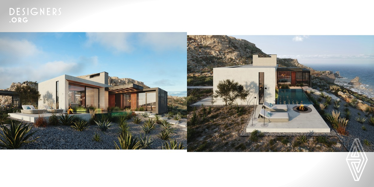 The one-storeyed house with a total area of 250 sq. m is located on the cliff, in Algarve, the southern part of Portugal. Architectural solution is two parallelepipeds embedded in each other, at the intersection of which the vertical of the chimney appears. The rhythm of the structure is set not only by the complex form but also by the multidirectional textures of the facade cladding materials. In the project, only natural materials and their derivatives are used. 