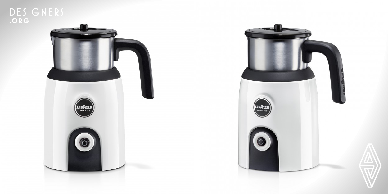 MilkUp lets you enjoy authentic Italian cappuccino at home. Quietly and efficiently preparing different recipes using magnetic induction. The elegant design is composed of bold, colourful, and simple elements with high-quality surfacing and materials. The backlit "stop and go" button is emphasized visually by a coloured ring. The jug is made from brushed Inox and has no internal moving parts. This makes it easy to clean by hand or in the dishwasher. It has clear marks for minimum and maximum levels on the inside and an ergonomic handle. The whisk has a dedicated storage area on top of the lid.