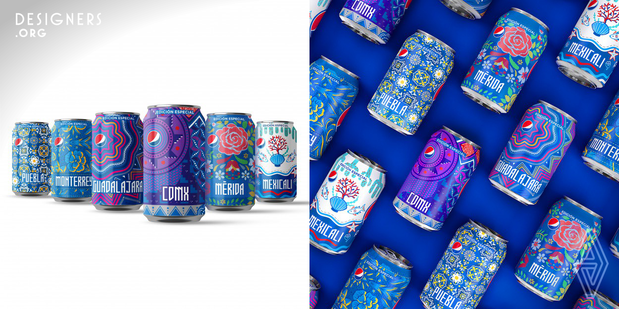 Pepsi Culture celebrates Mexico through a series of limited-edition cans. The design explores the rich and vibrant cultures of six Mexican cities and their passion for the arts and crafts. Through meaningful symbols and regional references the designs are brought to life as illustrative patterns that honor century old traditions and infuse contemporary design aesthetics. This blend ancient meanings and modern design sensibilities creates a rich narrative that perfectly reflects the ethos and modernity of the Pepsi brand.
