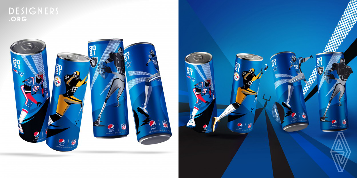 Pepsi celebrated the NFL in Mexico with a limited time offer can series that harnesses the power of the game. The approach dramatices the athletic power of the players and celebrates four NFL teams. The visual language heroes illustration within a design that showcases the passion of the national football league. The design reflects the strength and endurance of players and the pure emotion that keeps fans engaged in all game season.