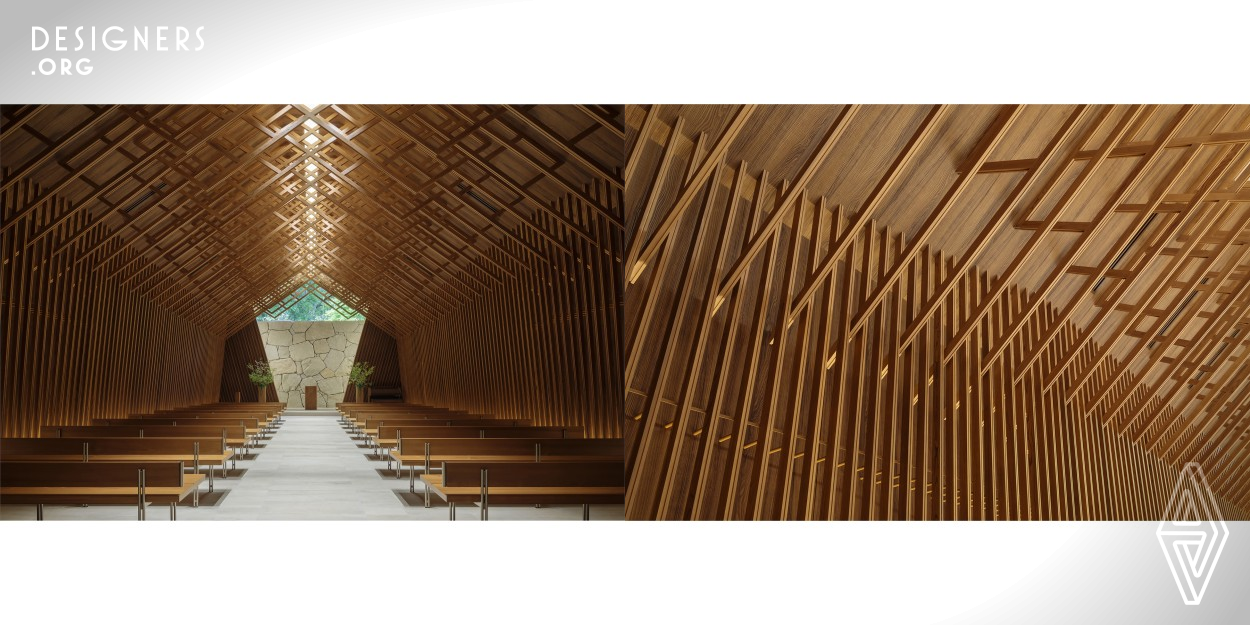 Intended to express the new spirit of Kyoto, the highly original chapel is able to accommodate the increasingly diverse range of wedding styles sought by contemporary couples, including not only conventional church ceremonies but also Shinto and non-religious ceremonies. It utilized as much of the existing framework as possible, adding a wooden ceiling lattice interwoven with indirect lighting to evoke sunlight pouring through the branches of trees. The result is a sacred space imbued with traditional Japanese aesthetics and deep respect for its abundant natural surroundings.