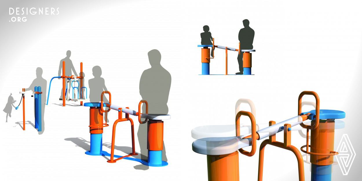 A series of inclusive playground equipment that focuses on safe interaction and encourages the elderly to play with their grandchildren in a community inclusive playground. Convention equipment in the playground, either only fit for children or solely for the elders, Sight Difference enhances the interaction and fun between grandparents and grandchildren, increases the elders' exercise opportunities at the same time promoting the sustainable development of today's inclusive communities when playing in the park.