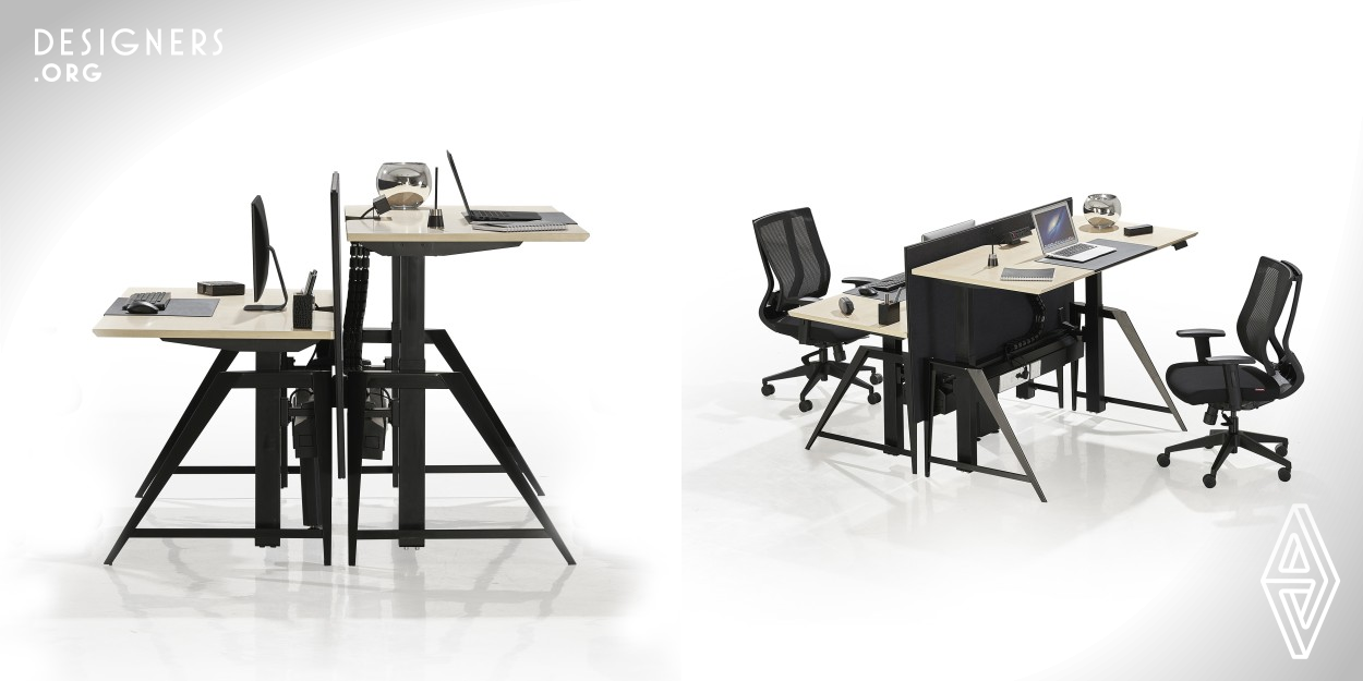 Stealth is a revolutionary new product in the office furniture industry which has been modelled on the design and aesthetics of the of rebellious F112 stealth bomber aircrafts from the 1980s. Built with a future proof design the sleek looking regular workstation is ready to evolve into a state of the height adjustable table loaded with automated features. The light weight modular table is loaded with stylish features such retractable wire management systems, stylish privacy screens and laser cut triangulated under structure which will modernize the office furniture category.