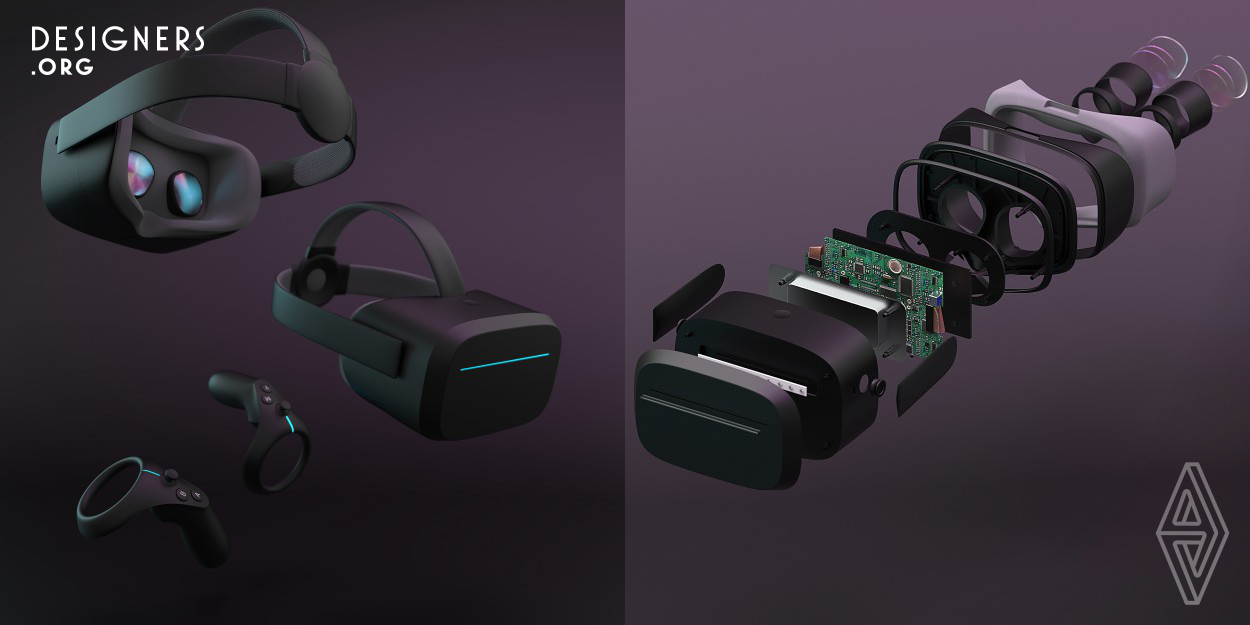 Pineal is a standalone VR headset. It is easier to use due to the design factors and pure form and avoiding any complexity. The ergonomics of the controllers, strap and cushion have been improved for more comfort while using. Its name is inspired by the pineal gland. The Pineal is the name of a gland in the brain that is located deep in the brain and between the left and right hemispheres of the brain. The Pineal gland has historically been the symbol of the third eye. The Pineal headset is the third eye that enables the experience of seeing the world of virtual reality.