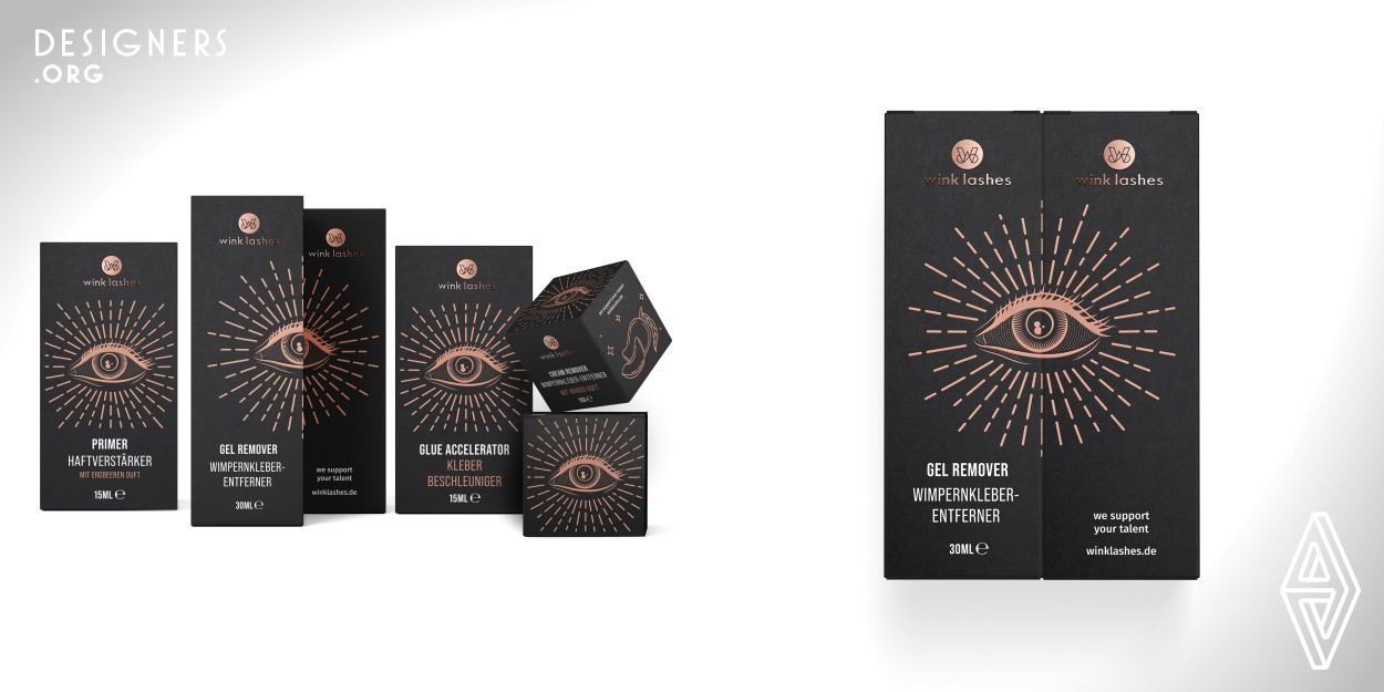 For the professional Wink Lashes series, a unique, attractive package was created, revealing the benefits of the brand. The graphic symbols help to display the main idea of the design - a magical transformation. The "Eye" image was a basis, whereas a separate visual element in the corresponding design was created for each product line. The correct use of color helped the brand embrace a complete look and effectively communicate with the customer. The developed design increased the level of brand awareness and popularity and made the TM more competitive.