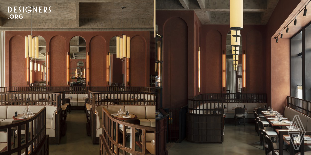 The design of Maison Francois aims to evolve the brasserie genre. Rather than looking to the Art Deco period for inspiration, GSL embraced Postmodernism and Brutalism, most notably referencing Ricardo Bofill’s La Fabrica in Barcelona, with its grand terracotta arches and rough cement ceiling. The layout of the restaurant nevertheless follows a classic brasserie format, with noble materials throughout and details that evoke iconic establishments of the past. 