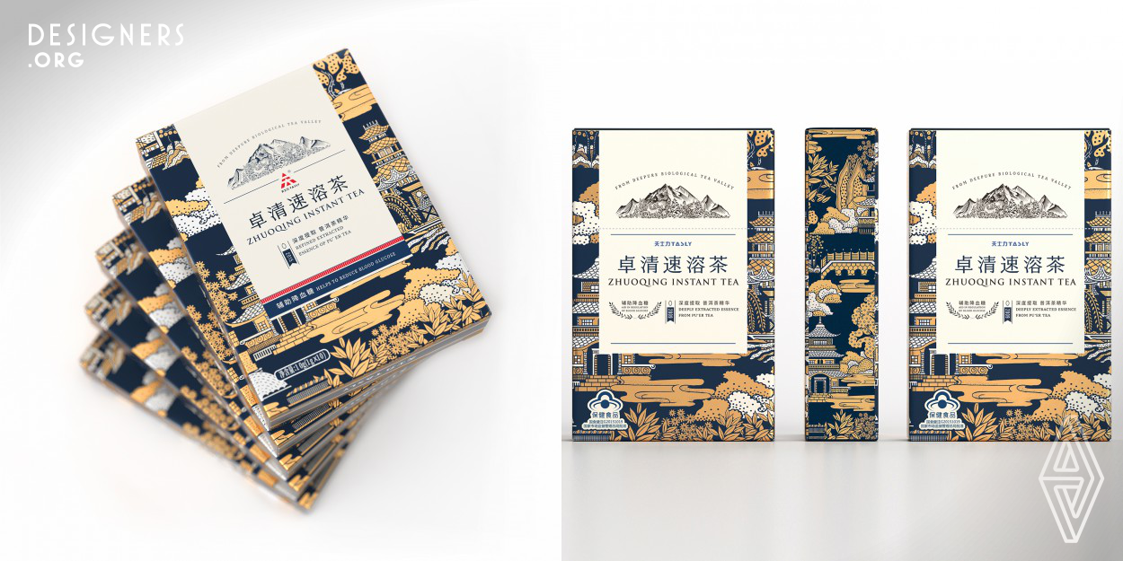 Pu'er tea has always been brewed using raw leaves for more than thousands of years. It looks like by extracted through tedious processes, ZhuoQing's Pu'er can be complete dissolution in water with no residue. The pull-out carton of the ZhuoQing package can be extracted and held using one hand, which looks like a cigarette case. The box maximizes portability while simplifying the drinking way. The embroidered decorations of Pu'er birthplace-Yunnan, serve the purpose of preserving the awe for Pu'er's planting history and the awe for tea ceremony, recreating the authentic tea working scenes.