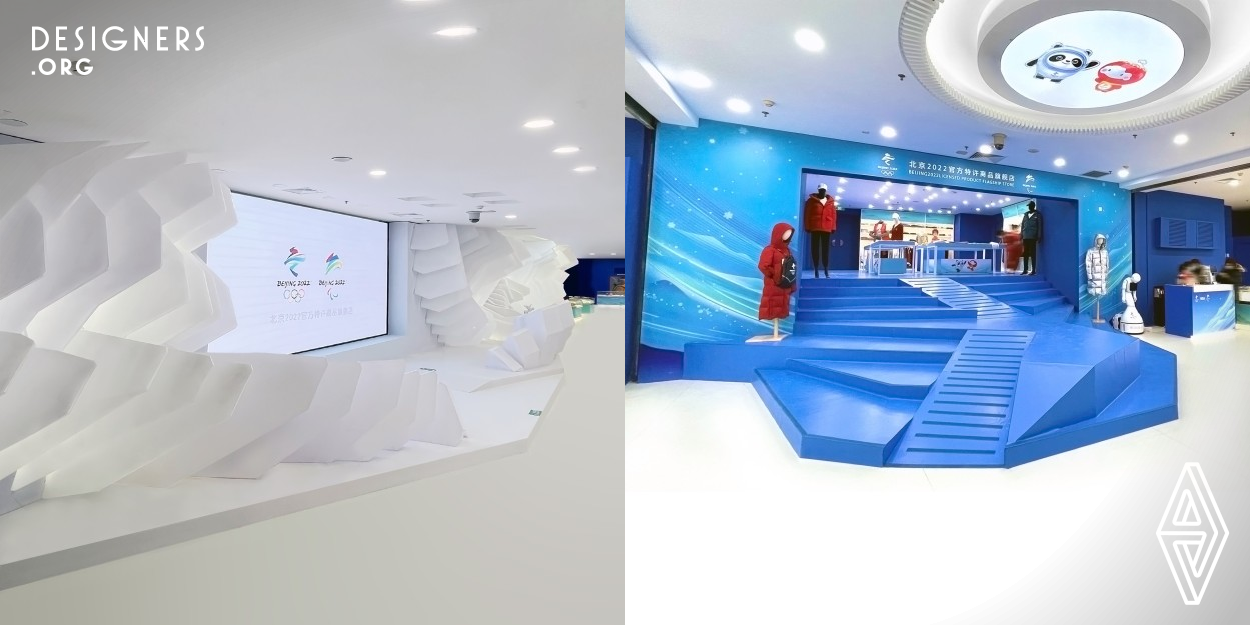 This project is designed for the first global flagship store of the 2022 Olympic Winter Games. As an important promotional channel, the flagship store is both a merchandise retailer and place for spreading knowledge of the Winter Olympics, media releases and interactive communication. Dynamic and rhythmic installation art is implanted at the entrance of the store to increase visual recognition and enhance the sense of identification with the Olympic spirit.