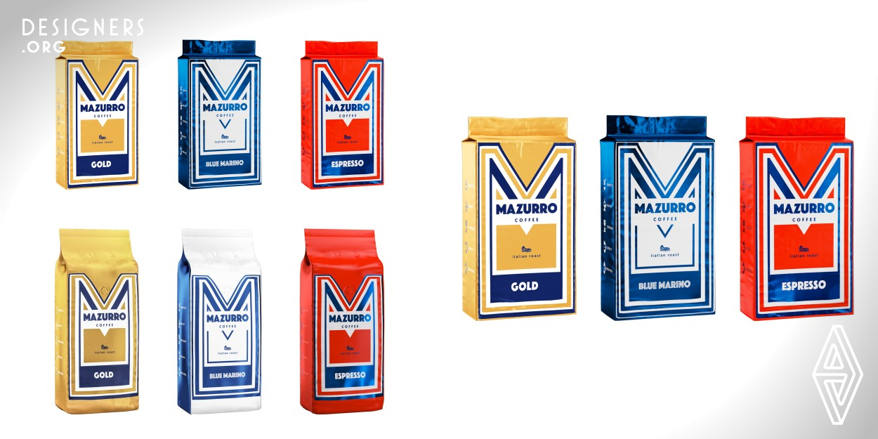 Mazurro's identity is a playful game of artistic conventions, an almost derealized or detached movie-like experience. Consumers are invited to explore the entire brand universe of Mazurro and the coffee bags are a part of the story. The packaging design is based on a very distinctive pattern hinged on the letter M. It determines the strong, dominant look of Mazurro coffee bags. The minimalistic, geometric form and strong contrasts combined with an Italian vibe make the bags stand out on store shelves.