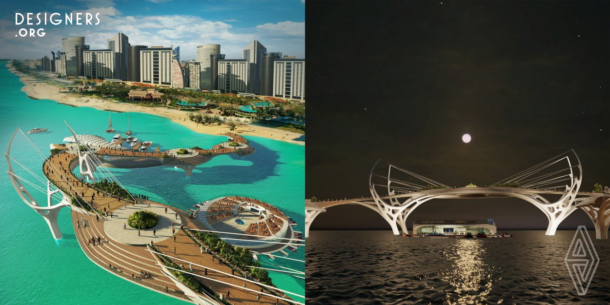 Marjan Bridge is an iconic project which is based on biomorphic design. The inspiration idea of this symbolic design comes from coral and some other creatures that live in and around coral reefs for their survival such as crabs and shrimps. This site is located in an exceptional area of a tropical coral island known as the Pearl of the Persian Gulf named Kish Island. This project is a multi-function bridge with 680 meters walking path, many cozy spaces, café tera, gym, and marine park.  These spaces can contribute to a community’s vitality to seat, slow down, and enjoy the present moments.