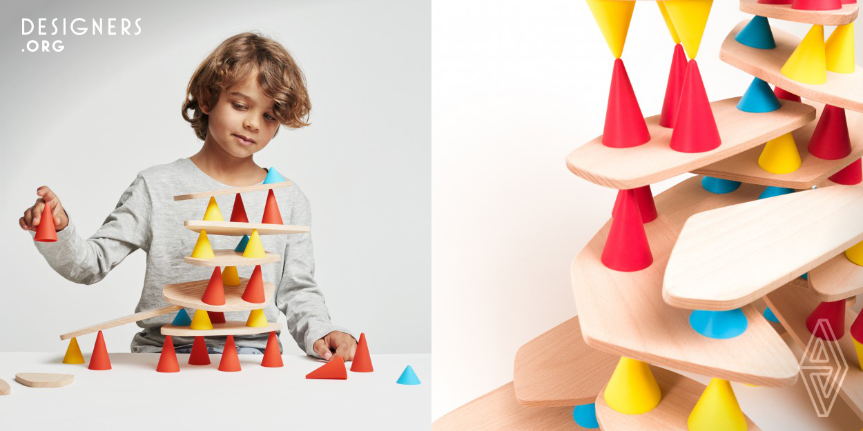 This creative construction with its fresh and colorful cones as its natural eco-friendly wooden boards helps children to develop concentration skills and to develop logical thinking. The aim of the game is to build a truly inventive structure using all the pieces without any falling down. The wooden boards and silicone cones in different sizes allow kids for a myriad of construction possibilities and enhance them to imagine their own world. 
