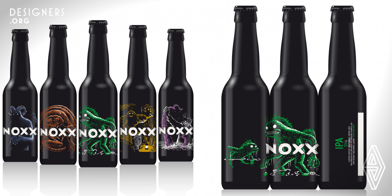 The newly founded Eisbock brewery asked the graphic designer and illustrator Res Zinniker for a packaging design. The starting point was the name Noxx and the black bottle. The design was printed directly on the glass and a special color was selected for each type in addition to white. Dark as night (Noxx), a series with eerie creatures that stimulate the imagination was created.