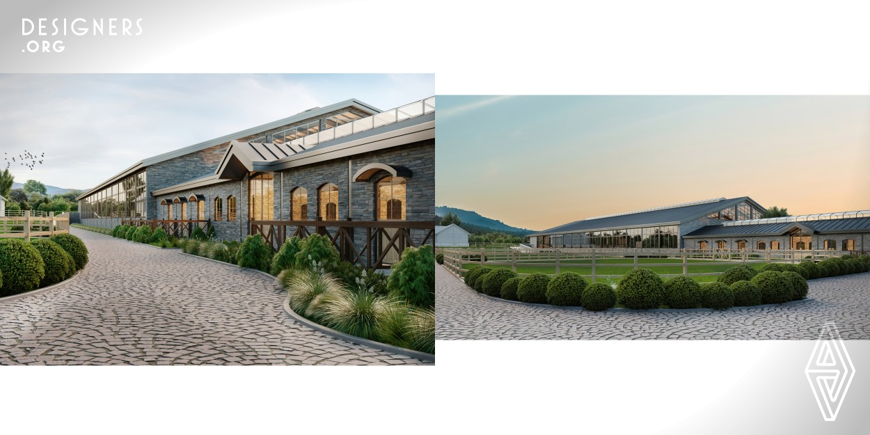 The equestrian facility consist of indoor/outdoor arena, club house, guest house and a private housing. The facility designed for private use however it is developed in international FEI standards. Design inspiration came from the farm's location and the materiality just off the forest. It is modern and compact. The importance of design is ''health of horses''. The starting point always is horses and relation with its nature. The design can not be separated from horses nature life. That's why the layout and the materiality all refers to nature life and health. 