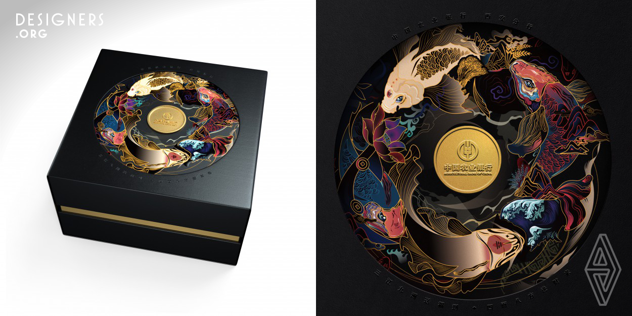 The design of Bagua Koi box is not only floating on the surface. As a part of the gift, the gift box is designed as a symbol of precious blessing with a profound connotation of Chinese culture. The designer gained the inspiration from Chinese Koi culture and Bagua culture which both convey a precious blessing for being auspicious and wealthy, coordinating the cultural characteristic of banking industry.