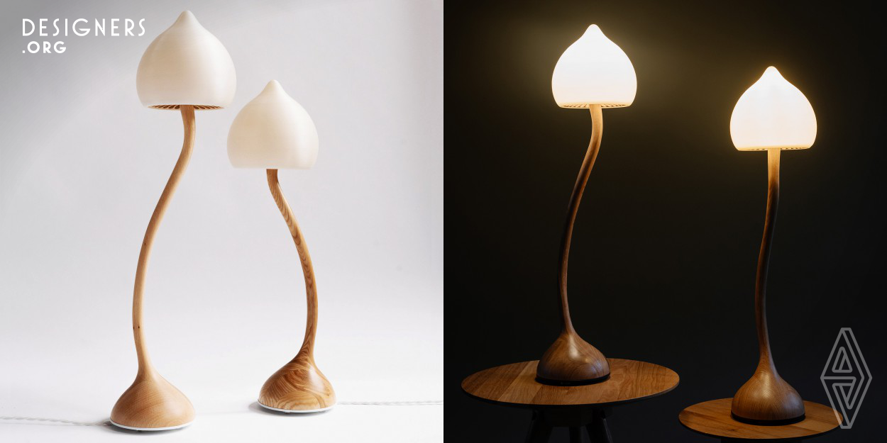 The Magic Lamp's form is inspired by the form of the mushroom Psilocybe semilanceata, a species of fungus with a distinctive conical to bell-shaped cap that produces psychoactive compounds, otherwise known as the Magic Mushroom. The pearl white shade is 3D printed with a plant based plastic. As the light shines through it, the spiralling concentric lines created by the layering of material in the printing process are highlighted. Underneath the head are mushroom like gills, also 3D printed. The combination of materials, and it's natural form, stand out as the main features of this design.